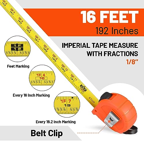 ValueMax Tape Measure 16FT with Fractions 1/8, 3 Pack Retractable Easy Read Measuring Tape, Imperial Pocket Measurement Tape with Metal Belt Clip for Construction, Contractor, Carpenter, Woodworking