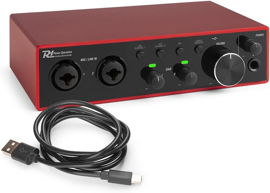 Power Dynamics PDX22 USB Audio Interface - 2-Channel | Hi-Res 24-bit/192 kHz | Dual Mic Preamps with Phantom Power | Audio Interface for Mixing, Recording Vocals & Instruments | Direct Monitor Output