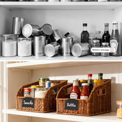 Image of Brownlily Wicker Pantry Storage Baskets with Chalkboard,Handwoven Baskets for Organizing with Built-in Handles, All-Purpose Storage Bins for Shelves, Laundry Room, Brown - Double Set Bundle (6-Piece)