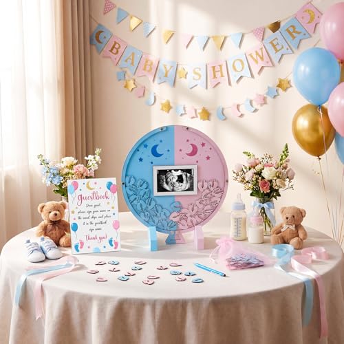 Image of Kosiz Gender Reveal Baby Shower Guest Book, Pink and Blue Footprints Acrylic Guest Book Alternative for 60 Guests, Baby Shower Sign and Nursery Keepsake
