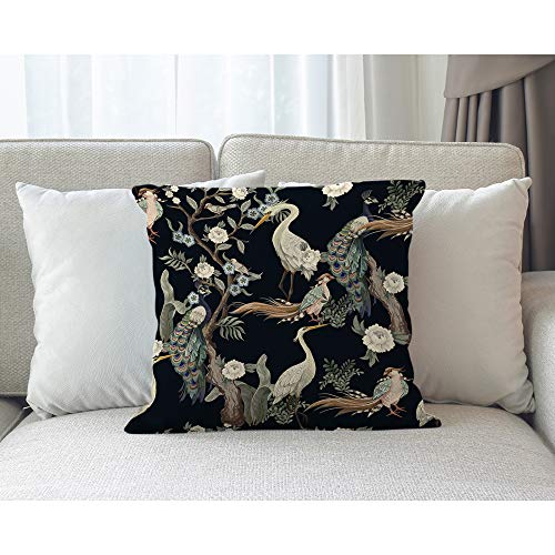 Moslion Throw Pillow Cover Birds Herons Peacock Flowers Peonies Japanese Animal Art Vintage Design Square Pillow Case Cushion Cover For Home Car Decorative Cotton Linen 20X20 Inch #TOP30