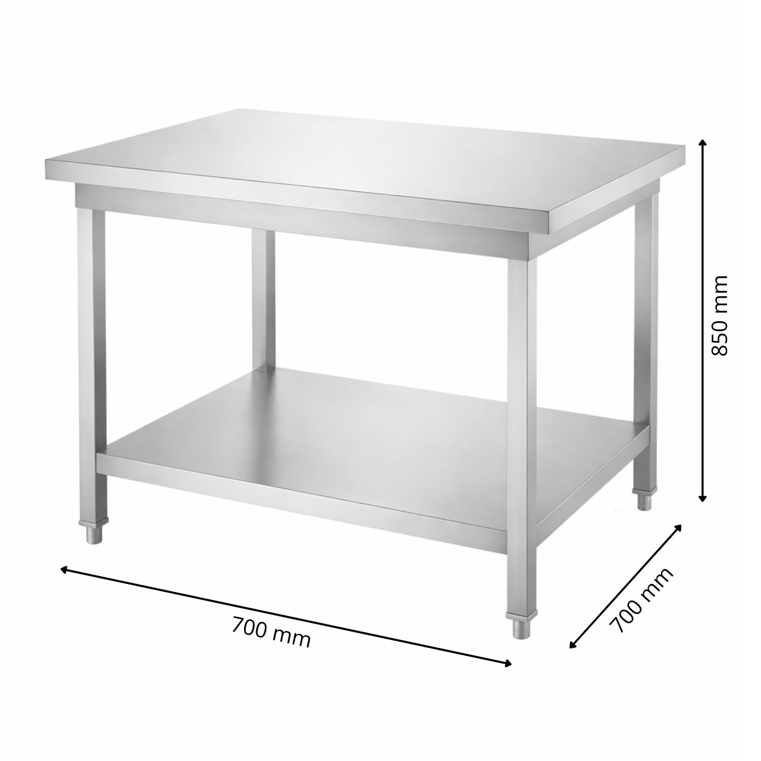 Mesa de acero inoxidable profesional central 700 × 700 mm – Profundidad 700 mm – Estante bajo – INOX AISI 201