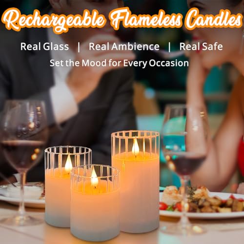 Image of LEDHOLYT Rechargeable Flameless Glass Pillar Candles - Remote & Timer - Set of 3 White Stripes Realistic Flickering LED Light, Ideal for Living Room, Bedroom & Holiday Decor& Gifts for Women
