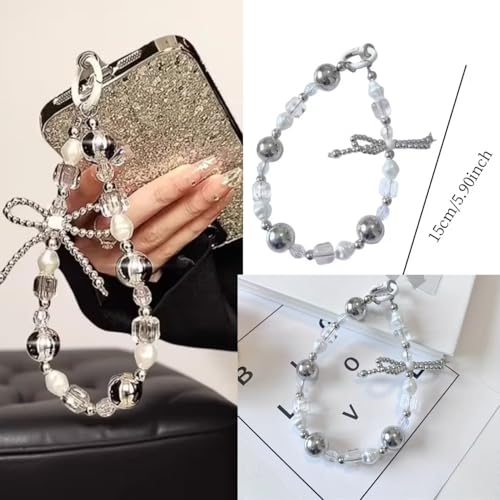 Image of Phone Charm with Beaded Chain | Acrylic Phone Strap for Mobile Keys & Bags | Decorative Wrist Strap | Lanyard Charms | Keychain Accessory for Women Girls (Silver-Bow)