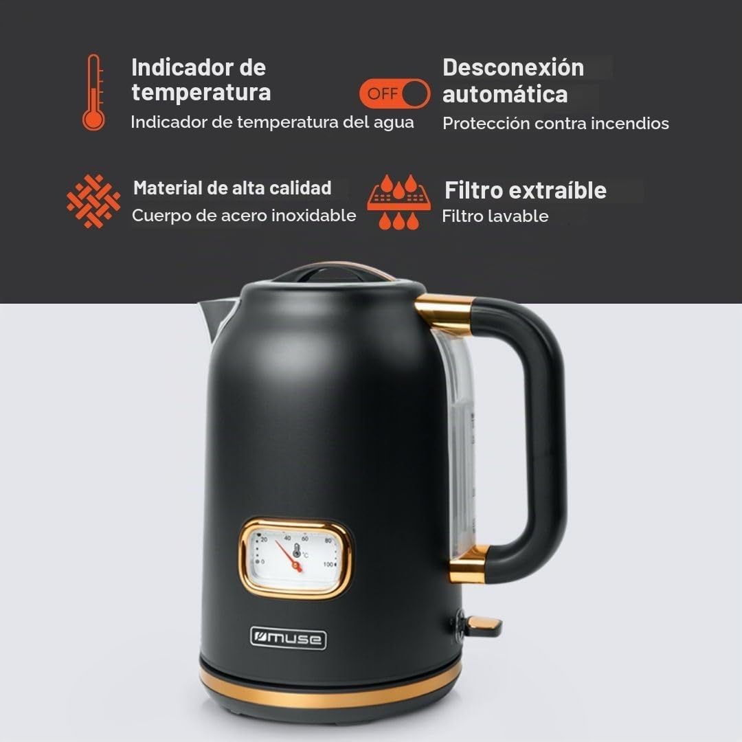 Muse MS030BC. Hervidor de agua inalámbrico negro mate/cobre
