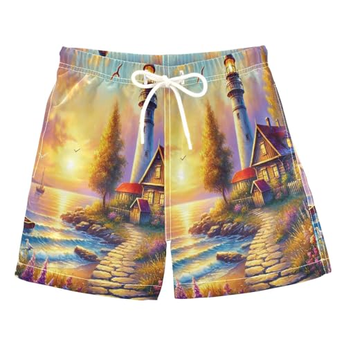 Dusk Lighthouse Sea Boys Swim Trunks Quick Dry Toddler Swimsuit Boy Bathing Suits Swimwear Board Shorts 4T Multi