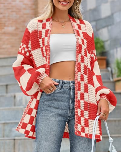 BTFBM Casual Cardigan Sweater for Women Fall 2026 Long Sleeve Open Front Chunky Knit Sweaters Checkered Outwear Coat(Red,XX-Large) — view 3