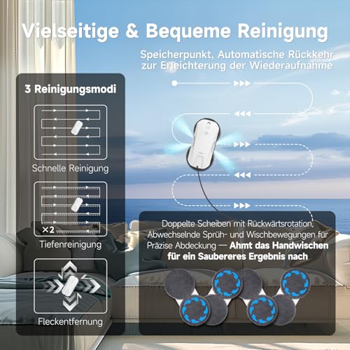 Fmart T11 Fensterputzroboter mit 10 Tüchern, Automatisches Vier-Wege-Sprühsystem mit dreifachem Sicherheitssystem, intelligenter Navigation, Fernbedienung, für alle glatten Oberflächen