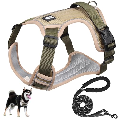 【柴犬に強力推薦】 XINIDEA 頑丈で耐久性に 犬用ハーネスセット、背面に名前タグを貼り付け可能，小型犬、中型犬、大型犬、超大型犬用、1.5mリード付き、ノーストレス窒息防止、調整可能なオックスフォード素材のアウトドア犬用ベスト、ダブルDリング、夜間反射デザイン。（カーキ M）