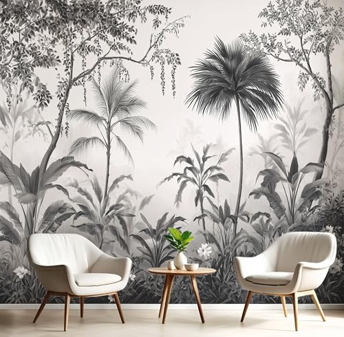 Papel Pintado Selva Tropical Brumosa Boceto Tropical 200X140Cm Fotomurales Pared Seda Decorativos Murales Fotográfico De Paredes Salón Dormitorio Habitación De Los Niños Blanco Y Negro
