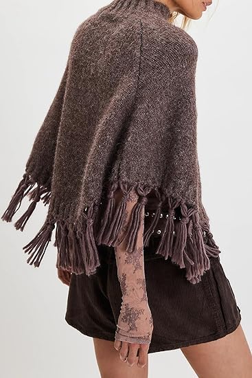 Generisch Women Fringe Knitted Poncho Sweater Mock Neck Asymmetrical Hem Cropped Tassel Shawl Fall Winter Cozy Wrap Sweater