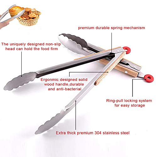 Extodry Pince Cuisine Solides(25&33cm)-Pince Barbecue,Facile à Nettoyer et à Tenir,Poignées en Bois Résistant à La Chaleur Inox Pince Alimentaire,Accessoires Pour Ustensiles de Cuisine en Métal Outil