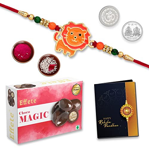 Image of DeoDap Multicolor Lion Magic 32gm Roli Chawal Rakhi with Choco Magic 32gm, Silver Pooja Coin, Tilak Set, Greeting Card - Rakhi Gift for Brother