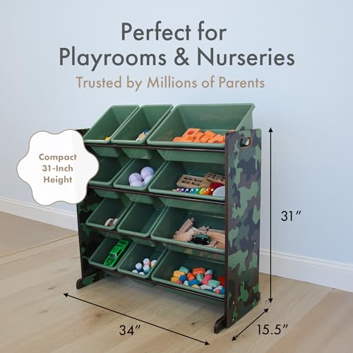 Image of Humble Crew Toy Storage Organizer with 12 Removable Storage Bins for Kids Playroom, 4-Tier Toddler Toy Organization, Army Green Camo