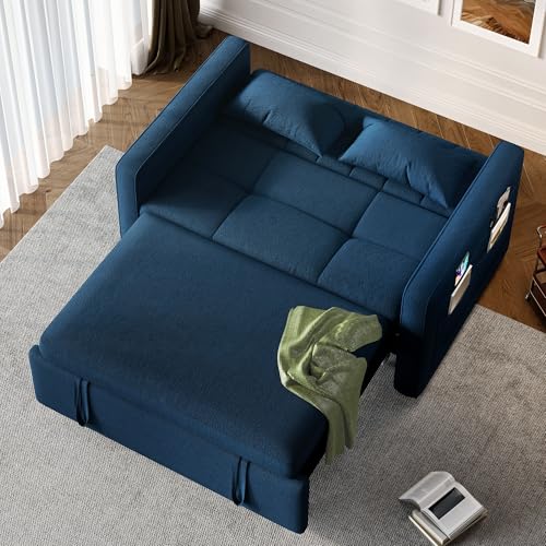 DWVO 3-in-1 Convertible Sofa Bed, 55" Sleeper Sofa with Pull-Out Bed, Cat-Scratch-Proof Fabric Futon Couch with Adjustable Backrest and Side Pocket, Loveseat for Living Room Apartment, Blue