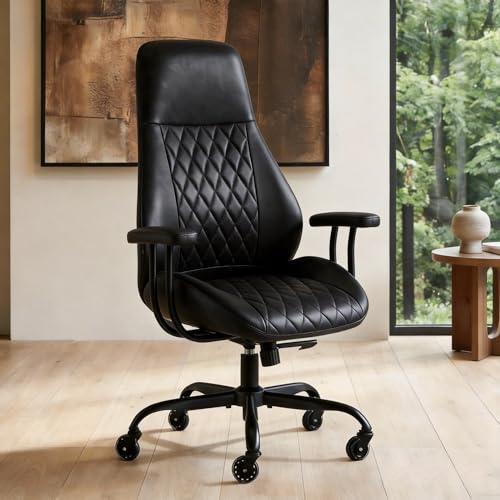 Image of E-Motie Office Chair with Rubber Wheels, Ergonomic Computer Chair 500 lbs, Leather Desk Chair with Lumbar Support, Executive Chair Adjustable Height & Recline, Black