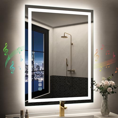 SBAGNO 24x32 LED-Bathroom-Mirror-with-Bluetooth, Dimmable-Lighted-Bathroom-Vanity-Mirror-with-3-Colors，Backlit + Front Lit, Memory Function, Anti-Fo