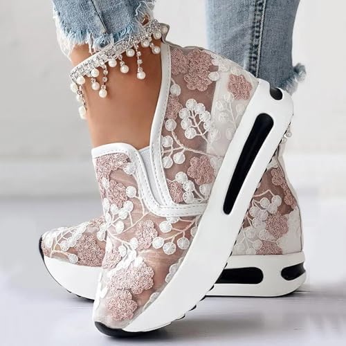 Women's Floral Embroidered Platform Wedge Sneakers, Mesh Slip-On Shoes (Light Pink-b,5.5) - 3