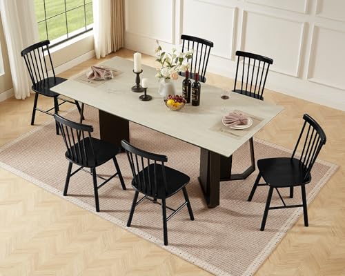 PrimeZone Windsor Dining Chairs Set of 6 - Solid Rubber Wood Farmhouse Kitchen Chair with Spindle Back Mid-Century Modern Side Dining Chair for Dining Room Kitchen & Restaurant Black
