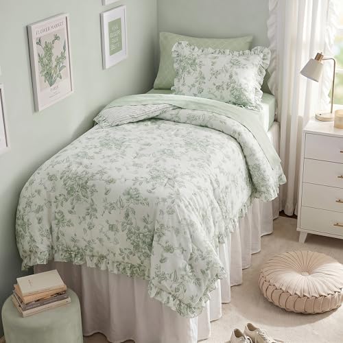Image of Madison Park Essentials Adele Green Floral Twin XL Size Comforter Set - Vintage Bed in a Bag with Sheets, Reversible Ruffle Bedding, Elegant Gift for Her
