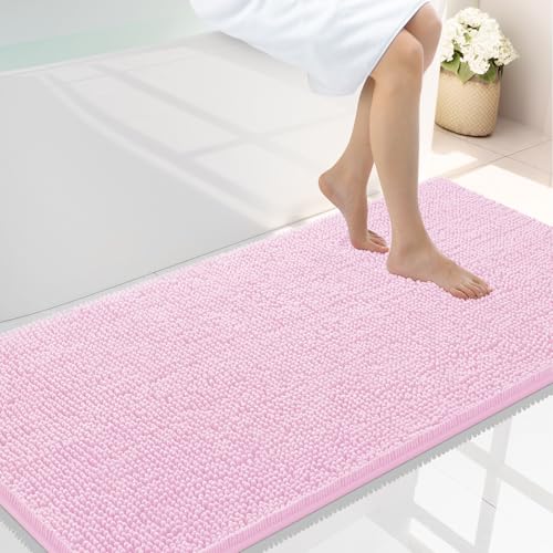 Smiry Luxury Chenille Bathroom Rugs 44x24, Extra Soft and Absorbent Shaggy Bath Mat, Machine Washable, Non-Slip Plush Carpet Runner for Tub, Shower, and Floor, Home Decor Accessories, Pink