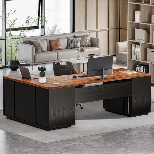 LITTLE TREE 87-Inch Modern Executive Desk with File Cabinet