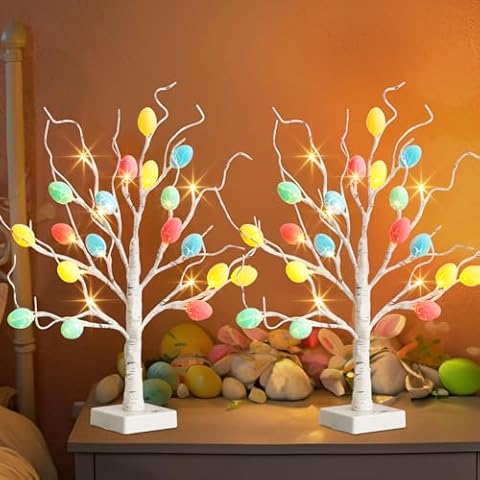 Easter Decorations, PABIPABI Easter Egg Tree Lights, Set of 2 Lighted Easter Tree with Color Cracked Egg Ornaments, USB/Battery Operated Timer Display Tree Lights for Easter Home Indoor Decor Cover