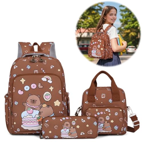 3-Pieces Funny Capybara Backpacks with and Lunch Bag (brown)2