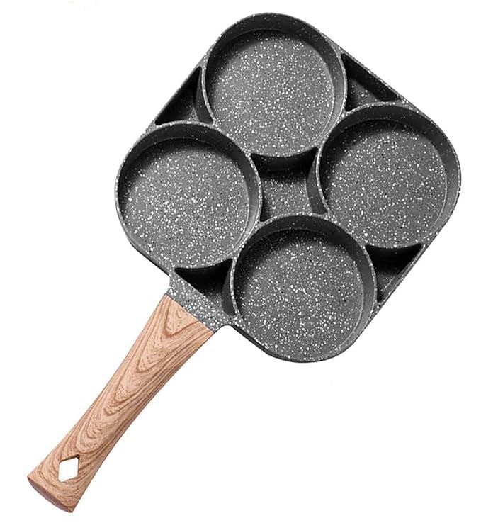 Image of Versatile Non-Stick Frying Pan 4-Hole Design with Detachable Wooden Handle - Perfect for Omelets, Uttapam, Idli, Burgers, and Poached Eggs at Kitchen Breakfast