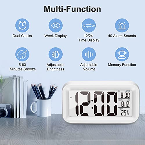 Image of Upgraded Digital Alarm Clock, 4.3 inch LED Display with Temperature Larger Lound Light Control Portable Snooze Calendar Brightness with Battery Powered Alarm Clocks Bedside for Everyone(White)