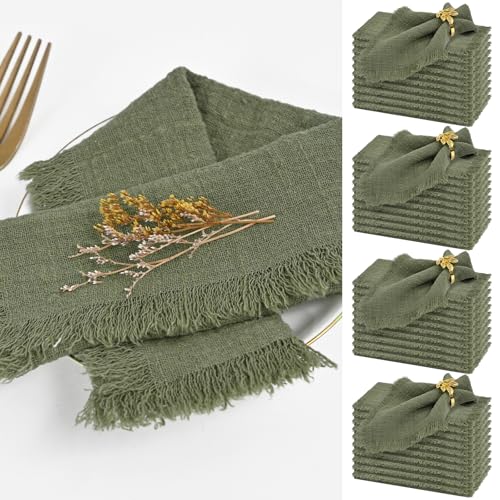 40 Packs Olive Green Cloth Napkins Cotton Linen Napkins Bulk 16.5 x 16.5Inch Handmade Gauze Napkins with Fringe, Natural Soft Cotton Rustic Dinner Napkins for Wedding Party Christmas Decoration