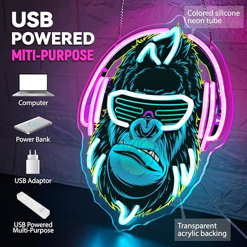 Image of Headphones Gorilla Neon Sign Dimmable Kong Led Neon Light for Wall Decor,Game Room,Man Cave,Home Party Bar Decor,USB Powered Led Sign