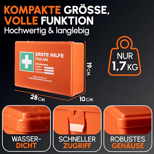 Erste Hilfe Kasten Version 2026 nach DIN 13157:2021 inkl. Wandhalterung & Aufklebern|Universal Erste Hilfe Koffer für Betrieb, Haushalt oder Gastronomie - Büro Verbandskasten gefüllt, Sanikasten