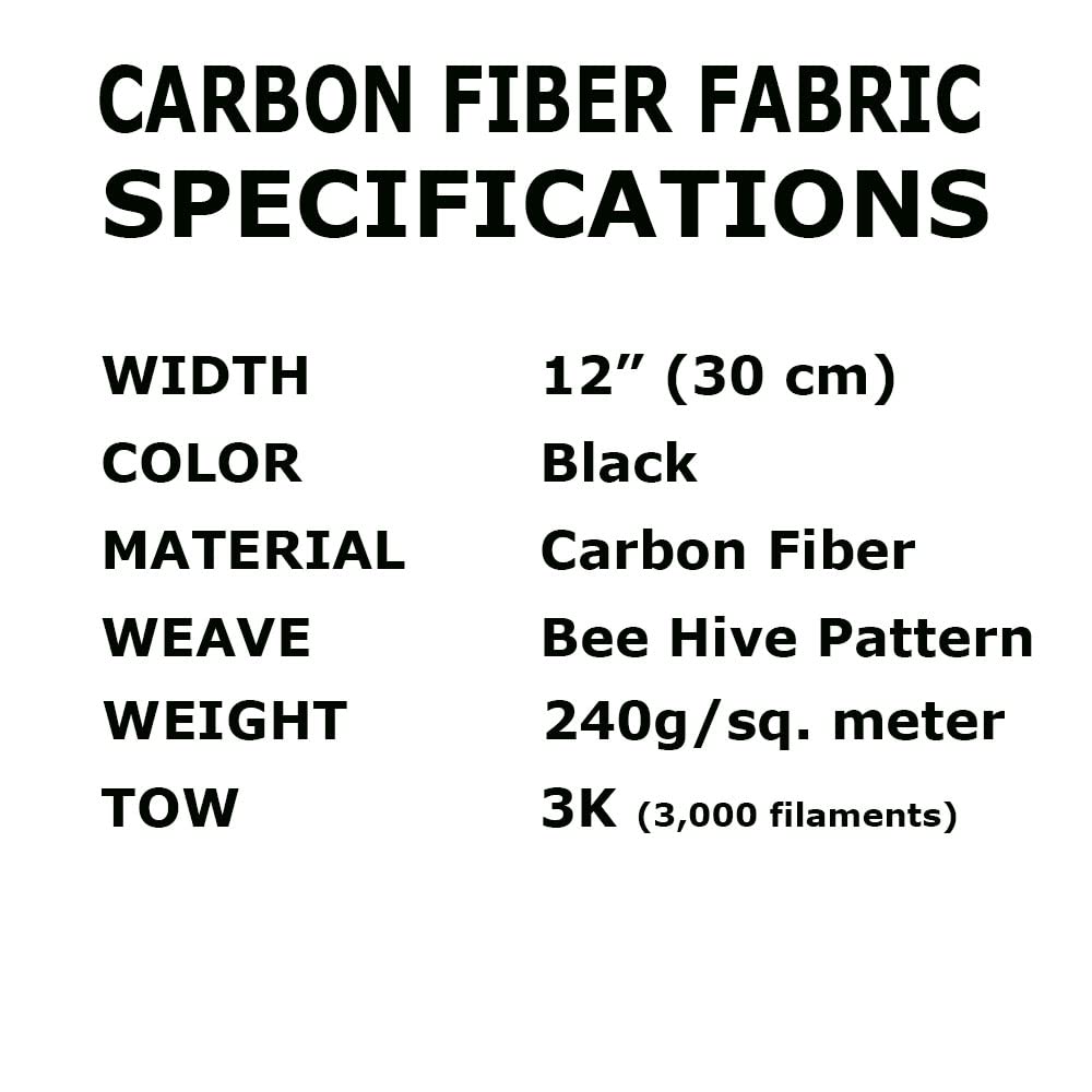KARBXON - 12 in x 5 ft - Carbon Fiber Fabric - Black - 3K - 240g/meter - Beehive Weave Rolled 12” Wide Hemmed Fabric for Repair, Drones, RC & DIY Projects 12