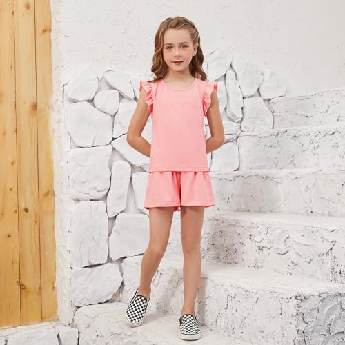 QPANCY Girls 2 Piece Outfits Stylish Tracksuit Ruffle Sleeve Top Kids Summer Shorts Clothing Sets3