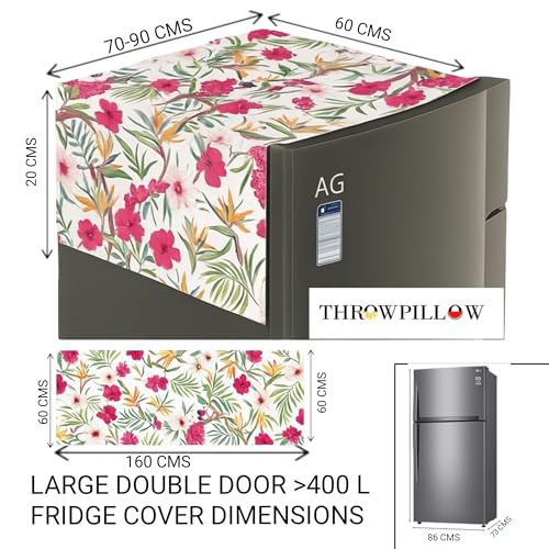 Image of WWW.THROWPILLOW.IN Fridge Top Cover for Double Door 400+L Capacity| Large Size Double Door Refrigerator Cover | Fits Haier Samsung LG Godrej |Durable 450 GSM Dustproof Fridge Cover|Floral Pattern