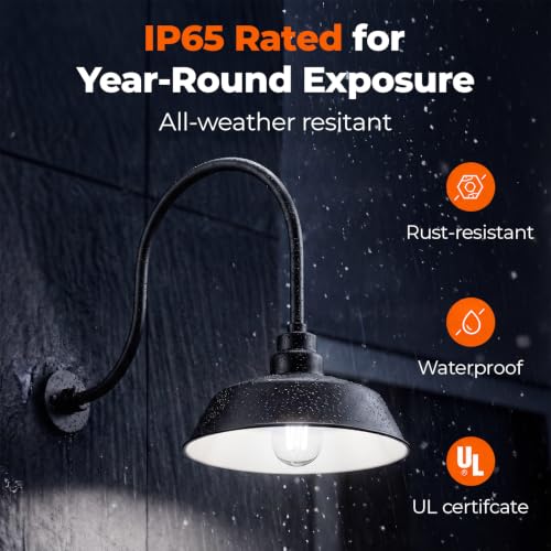Image of 14in. Satin Black Outdoor Gooseneck Barn Light Fixture With 24in. Long Extension Arm - Wall Sconce Farmhouse, Vintage, Antique Style - UL Listed - 9W 900lm A19 LED Bulb (5000K Cool White)