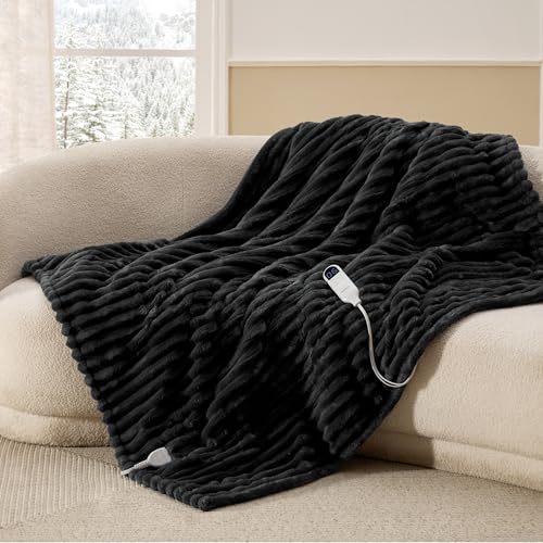 Image of Bedsure Heated Blanket Electric Throw - Thick Striped Flannel Electric Blanket, Heating with 4 Time Settings, 6 Heat Settings, and 3-Hour Timer Auto Shut Off, Gift for Grandma (50x60 inches, Black)