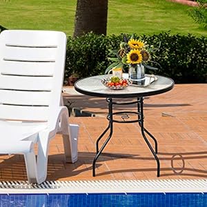 S AFSTAR Patio Bistro Table, Tempered Glass Table with 1.65” Umbrella Hole, Round Outdoor Dining Table, Round Patio Coffee Table for Deck Balcony Lawn Pool Backyard, 28”H x 32” D (Black) S AFSTAR Patio Bistro Table Tempered Glass Table with 165 Umbrella Hole Round Outdoor Dining Table Round Patio Coffee Table for Deck Balcony Lawn Pool Backyard 28H x 32 D Black