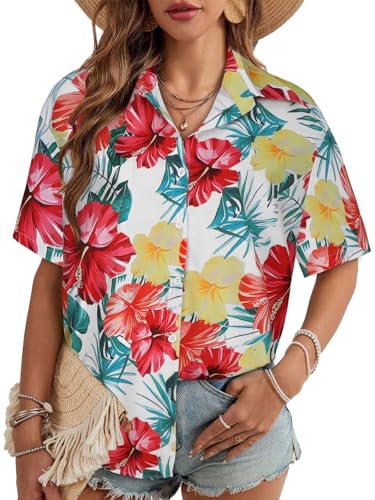 Image of Women Hawaiian Shirt Button Down Summer Tops Beach Short Sleeve Blouse