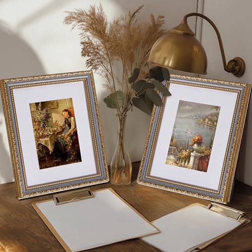 Image of eletecpro 8x10 Vintage Picture Frame, Glass Cover, Blue Gold, 2-Pack | Display Photo 5x7 with Mat or 8x10 without, Horizontal or Vertical, Tabletop or Wall Decor