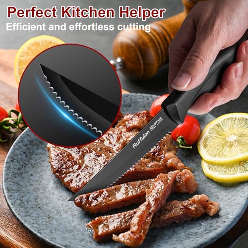 Ruffulon Steak Knives,Steak Knives Set of 4,Black Steak Knife,Stainless Steel Serrated Kitchen Knife with Ergonomic Handle,Multipurpose Dinner Knives,Sharp Steak Knife,Dishwasher Safe,Rust-Proof - Image 5