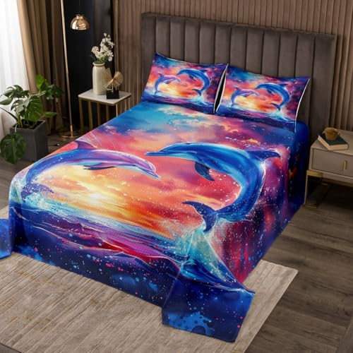 Manfei Dolphin Couple Quilts Set for Kids Boys,Tie Dye Seaside Sunset 3Pcs Bedspread Coverlet Set,Ocean Animals Bed Cover Set,3D Sealife Bedspread Coverlet with 2 Pillowshams (King Size)