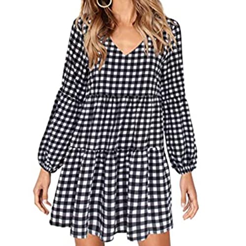 Fairnull Damenkleid Damenbekleidung V-Ausschnitt Mid Rise Flowy Hem Minikleid Langarm Blatt Print Freizeitkleid Schwarz & Weiß M Cover
