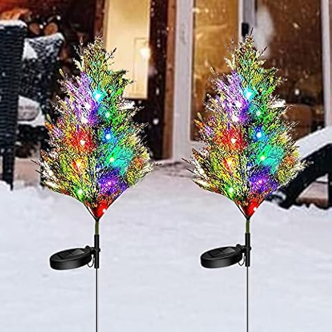 2 Pack Solar Garden Lights, Christmas Tree Decorative Lights, Solar Street Lights, Waterproof Solar Outdoor Tree Neon Lights, Multicolor Twinkling Pine Lights for Outdoor Lawn Pathways Cover