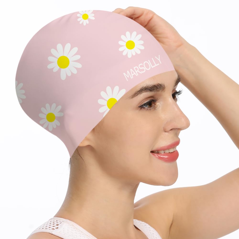 Gorro de natación de silicona para mujer, impermeable, de pelo largo, con estampado de flores, Rosado