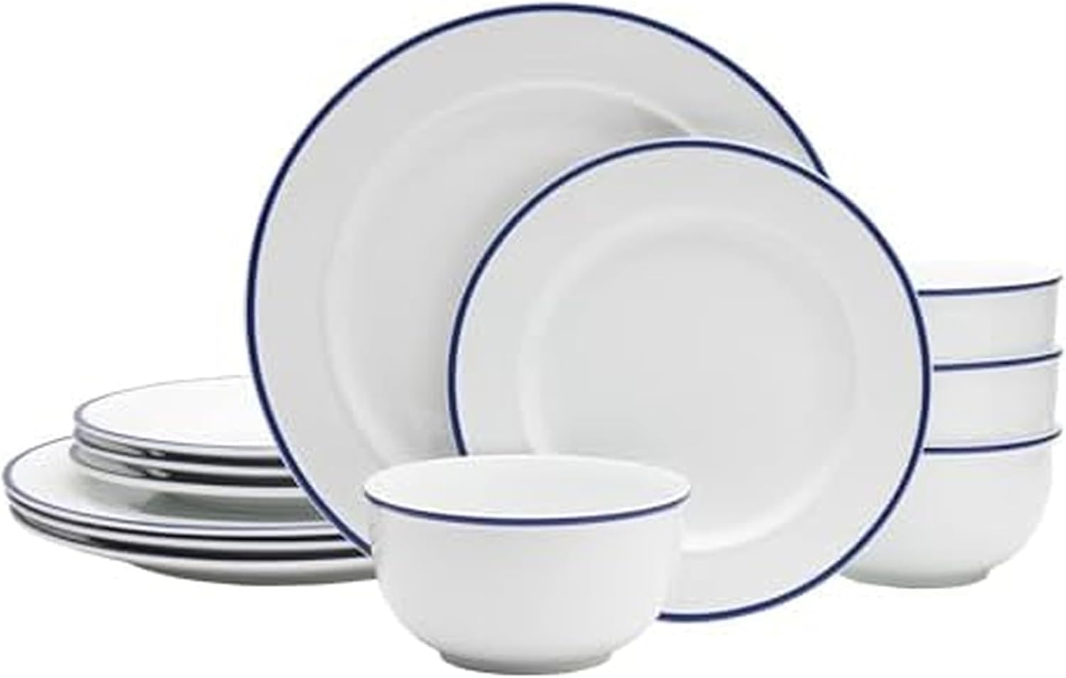 Everyday White by Fitz and Floyd Bistro Blue Band 12 Piece Dinnerware Set, Service for 4