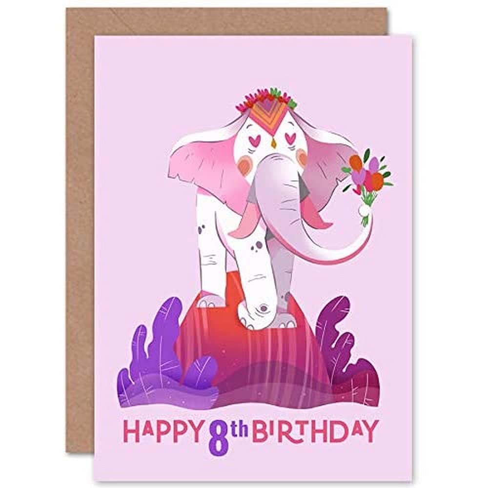 Elephant Flower 8th Birthday Blank Greeting Card With Envelope