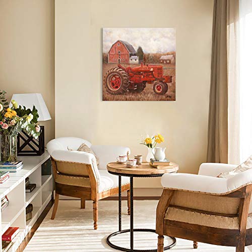 Red Old Tractor Picture Rustic Red Barn Wall Art Print Farmhouse Canvas Painting Framed Vintage French Country Posters For Living Room Kitchen Dining Room Bedroom Home Decorations 24"X24" Square #TOP3