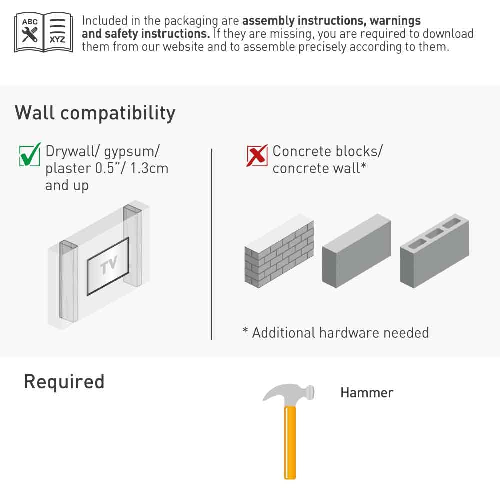 Barkan TV Wall Mount, 29-75 inch Fixed, Drywall No Stud No Drill Flat/Curved Screen Bracket, Holds up to 95 lbs, Patented, Very Low Profile, 5 Year Warranty, Fits LED OLED LCD, Black (ND400.B)
